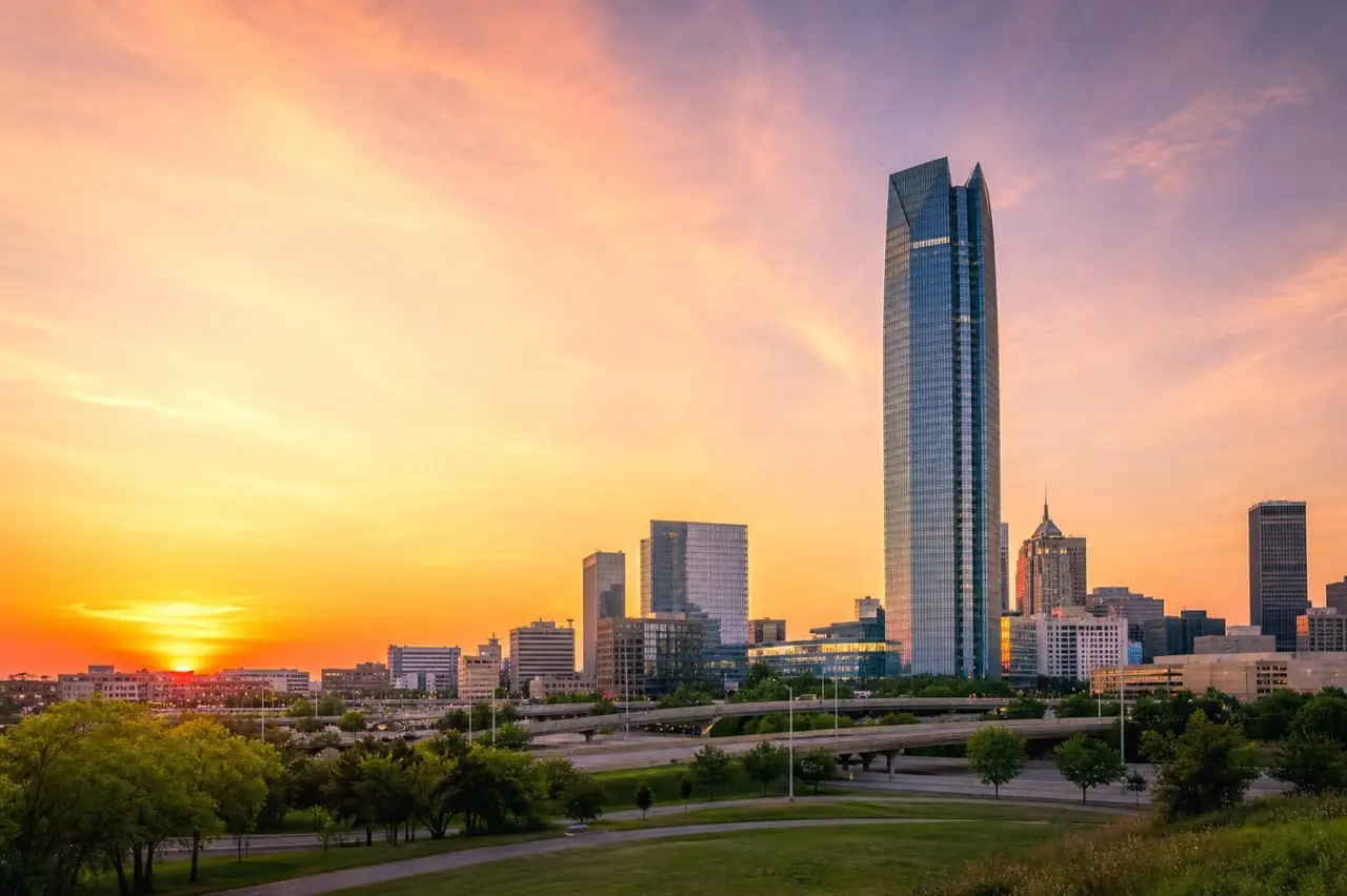 Downtown Oklahoma City skyline at sunset over the metro Efficient Heating and Cooling serves